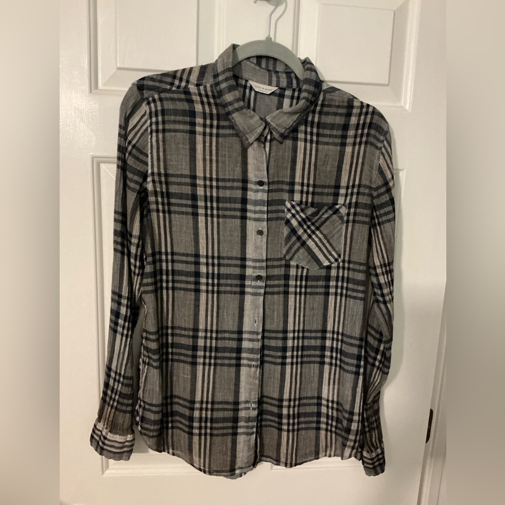 Women’s Lucky Brand Gray & Navy Casual Button Down Shirt, Sz Medium